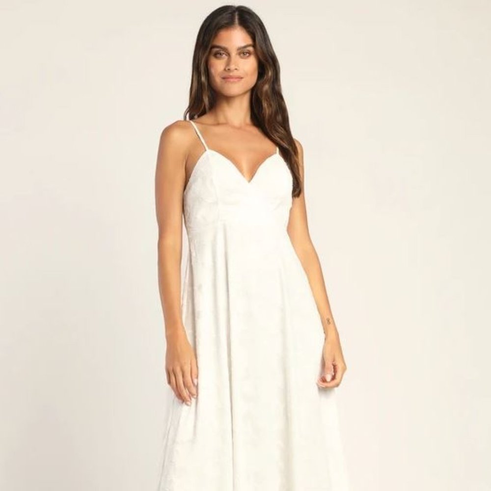 Perfectly Picturesque White Floral Burnout Surplice Midi Dress